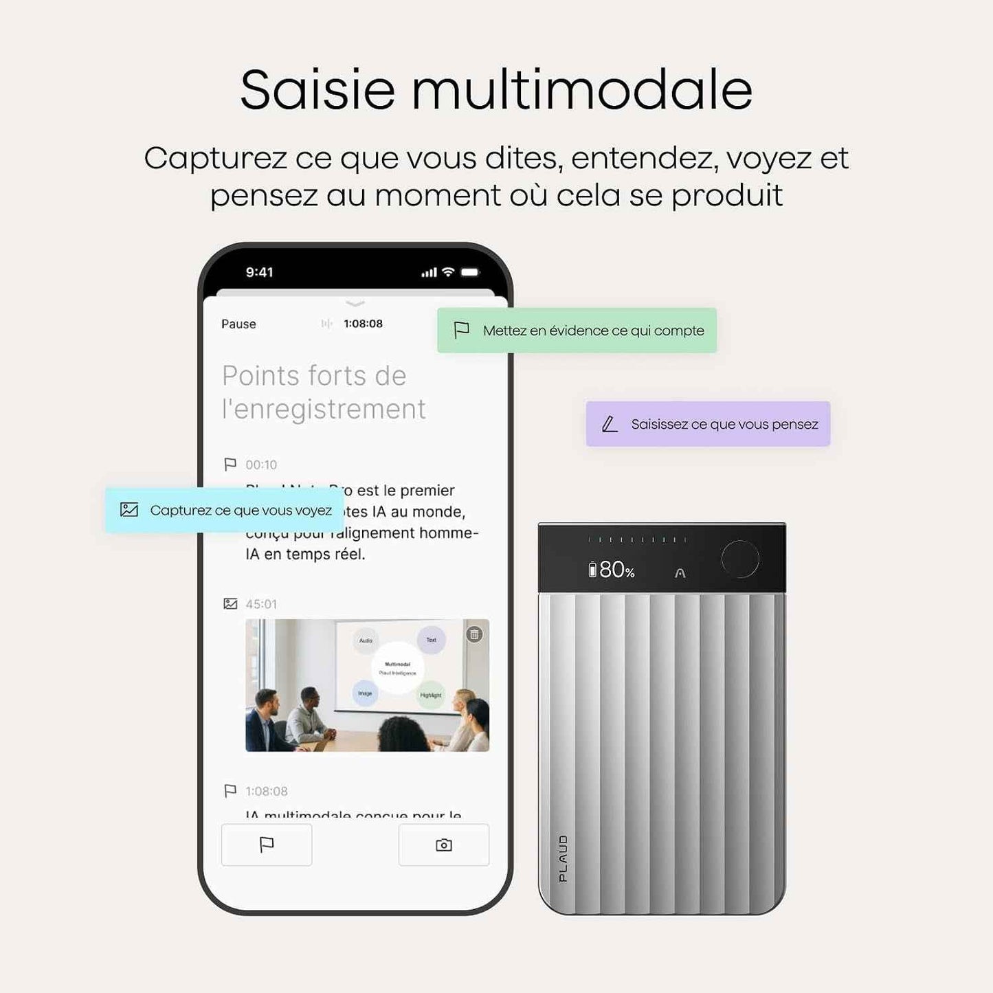 Note Pro Enregistreur Vocal IA Dictaphone Avec Transcription Argent | RéSumé IA Saisie Multimodale Jusqu’À 50H D’Enregistrement Teams ConçU Pour ConféRences RéUnions Appels ÉTui Inclus