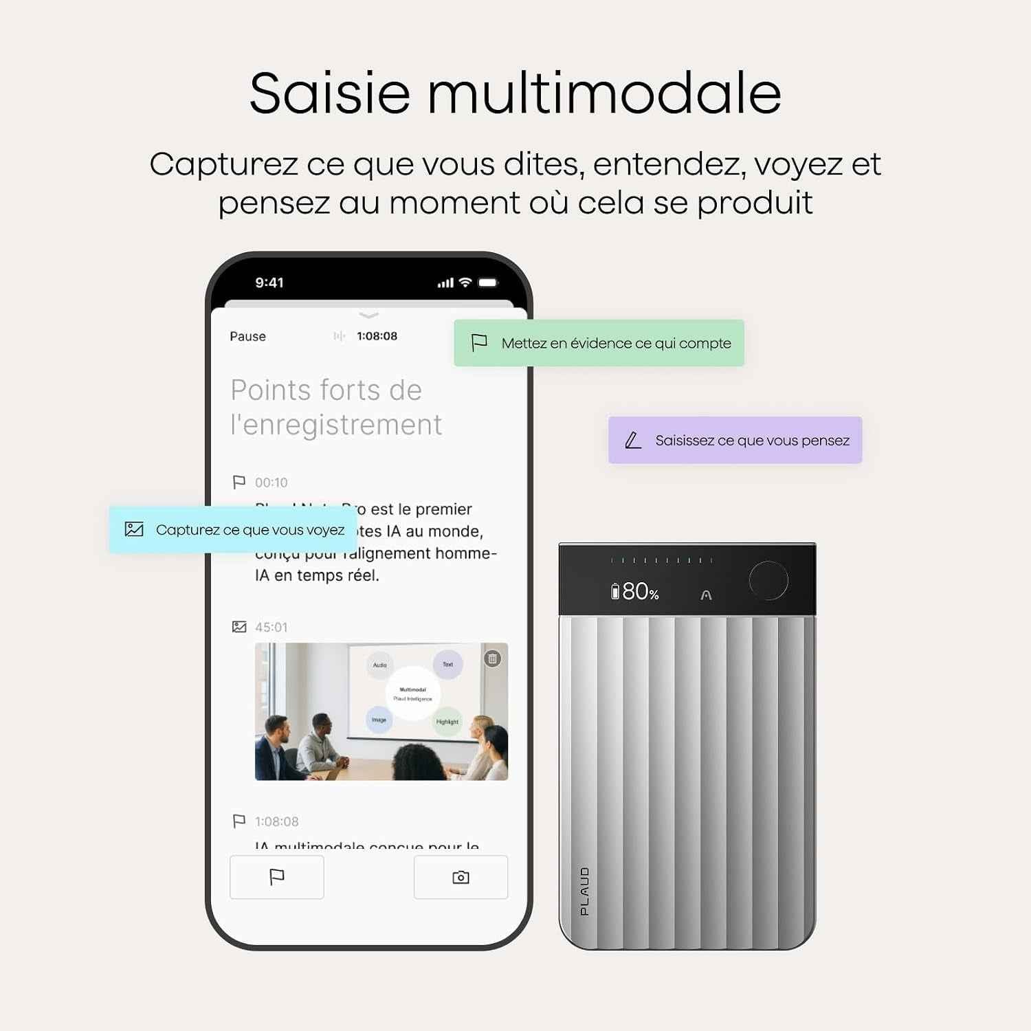 Note Pro Enregistreur Vocal IA Dictaphone Avec Transcription Argent | RéSumé IA Saisie Multimodale Jusqu’À 50H D’Enregistrement Teams ConçU Pour ConféRences RéUnions Appels ÉTui Inclus