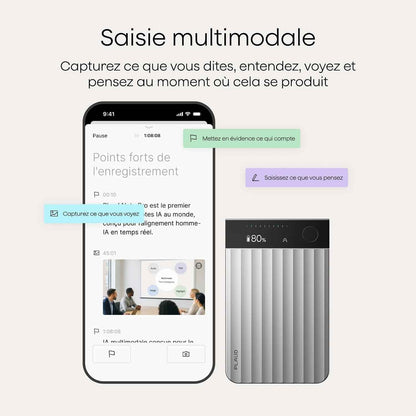 Note Pro Enregistreur Vocal IA Dictaphone Avec Transcription Argent | RéSumé IA Saisie Multimodale Jusqu’À 50H D’Enregistrement Teams ConçU Pour ConféRences RéUnions Appels ÉTui Inclus