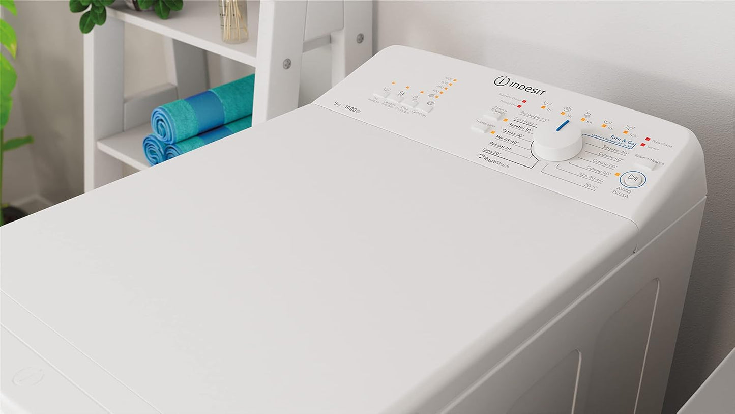 Indesit BTW L50300 IT/N - Machine À Laver Chargée Par Le Haut 5 Kg Libre Installation. Centrifugeuse 1000 Tours Par Minute. Largeur 40,0 Cm, Profondeur 60,0 Cm, Hauteur 90,0 Cm, Classe Énergétique D