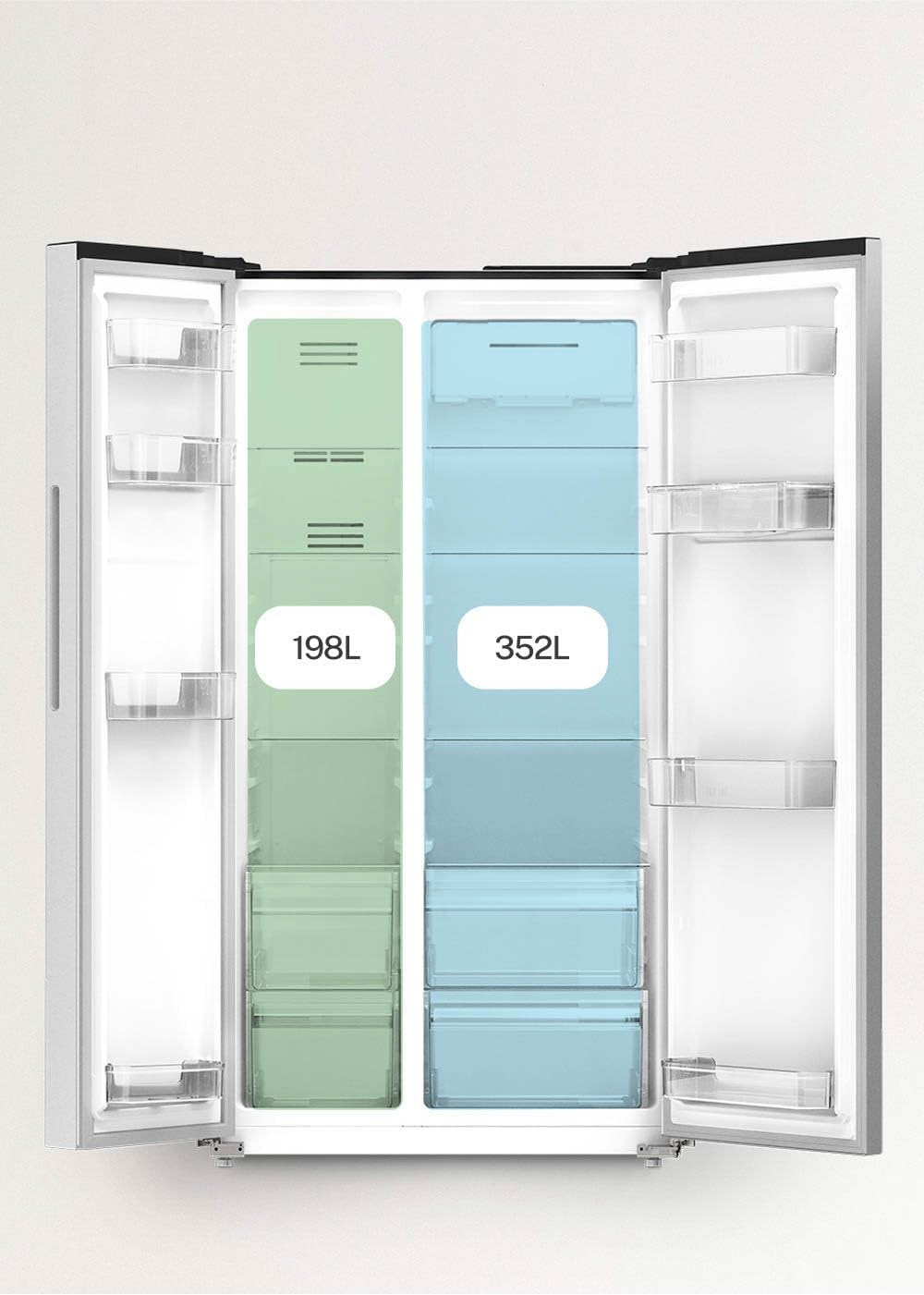/ FRIDGE STUDIO SIDE by SIDE 550 / Réfrigérateur Style Side by Side 550L Vert Sauge / 91,2 X 70,4 X 177,7 Cm/No Frost, Traitement Antibactérien, Commande Tactile Électronique, 158W