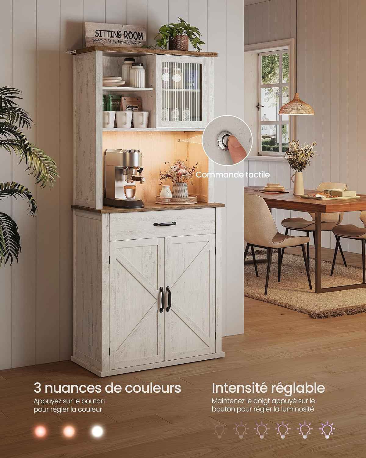 Meuble De Rangement Avec Lumières Et Chargeur, Placard De Cuisine, Avec Portes Et Tiroirs, 39,5 X 80,4 X 180,6 Cm, Étagères Réglables, Style Campagne, Blanc Rustique Et Marron Miel BBK363W22V1
