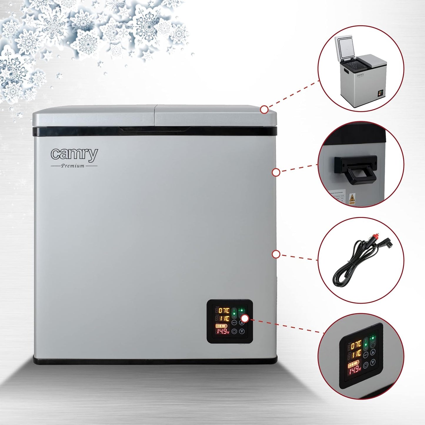 JUNG Camry CR8076 Mini Réfrigérateur/Congélateur Petit Format, 38 L, 2 Compartiments (Réfrigérateur Et Congélateur), Compresseur, Réfrigérateur, 2 Ports (12 V Et 230 V) Avec Écran LCD