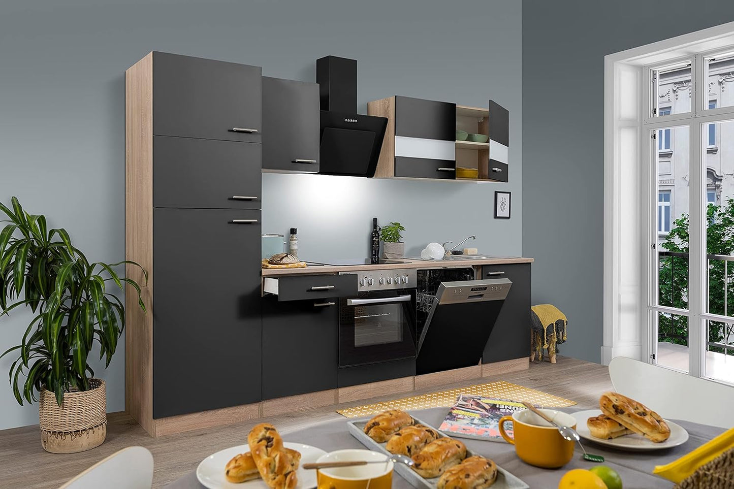 Respekta Cuisine Complète, 280 Cm, Chêne, Avec Réfrigérateur, Congélateur, Plaque En Vitrocéramique Et Lave-Vaisselle