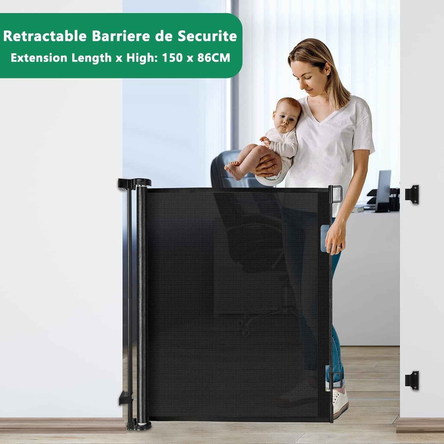 Barriere De Securite Enfant - Rétractable Barriere De Securite Chien 0-150 Cm De Large Barrière De Sécurité, 86 CM De Haut Barriere Escalier Enroulable Pour Les Escaliers/Portes/Couloirs