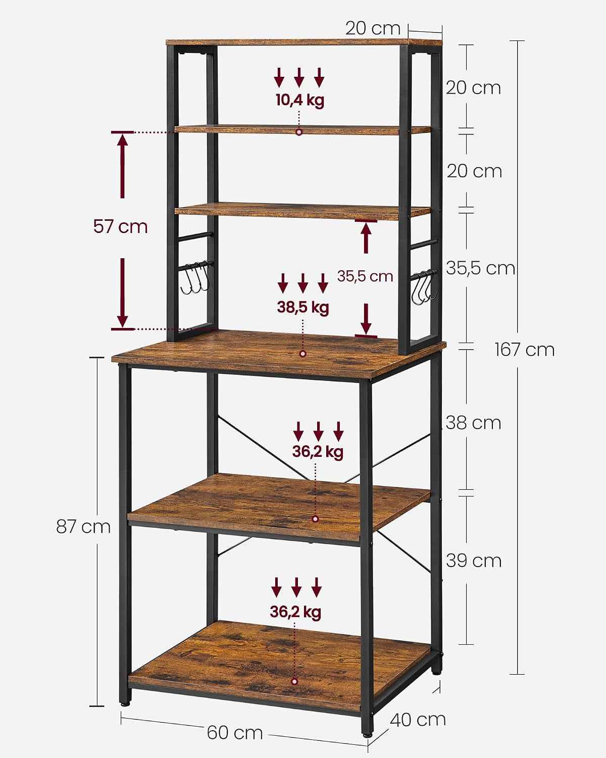 Étagère De Cuisine, Étagère Pour Machine À Café, 6 Étagères Et 6 Crochets, Pour Four À Micro-Ondes, Cadre En Acier, Style Industriel, 40 X 60 X 167 Cm, Marron Rustique Et Noir KKS024B01