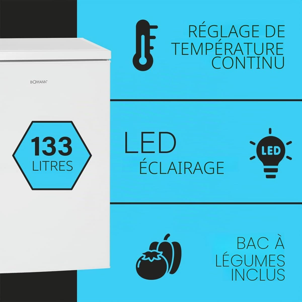 Réfrigérateur 133 L Pose Libre Éclairage LED VS 2195-1, Blanc | Éclairage Intérieur LED, Contrôle De La Température En Continu, 3 Clayettes En Verre, Pose Libre