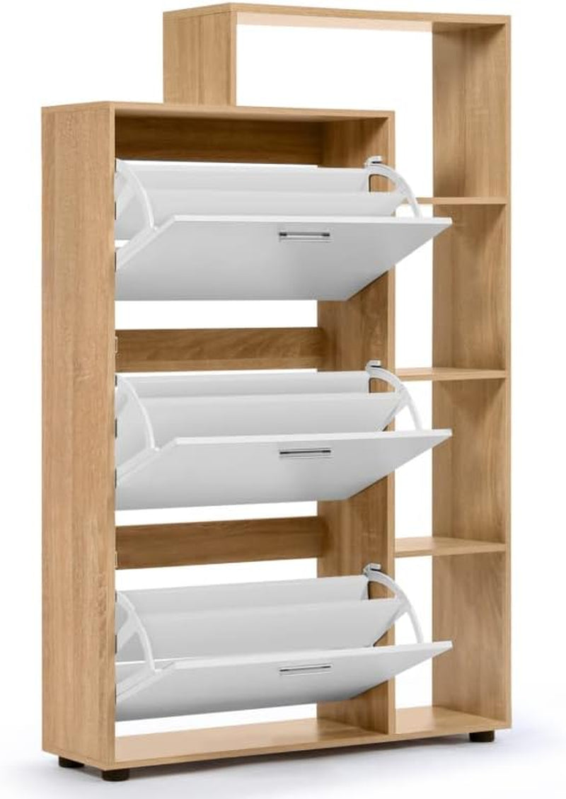 - Meuble À Chaussures 18 Paires KLARK Imitation Hêtre | Avec 3 Portes Blanches Avec Étagère