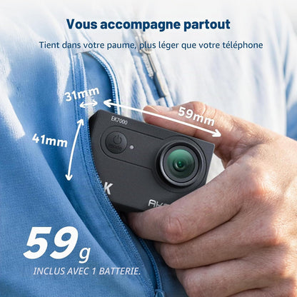 EK7000 Caméra Sport 4K 20MP Wifi Avec Carte Mémoire Microsdxc 64 Go | Action Camera 4K Étanche Jusqu'À 40M, Stabilisation EIS, Grand Angle 170°, Télécommande 2.4G, Carte 64 Go, Kit D'Accessoires