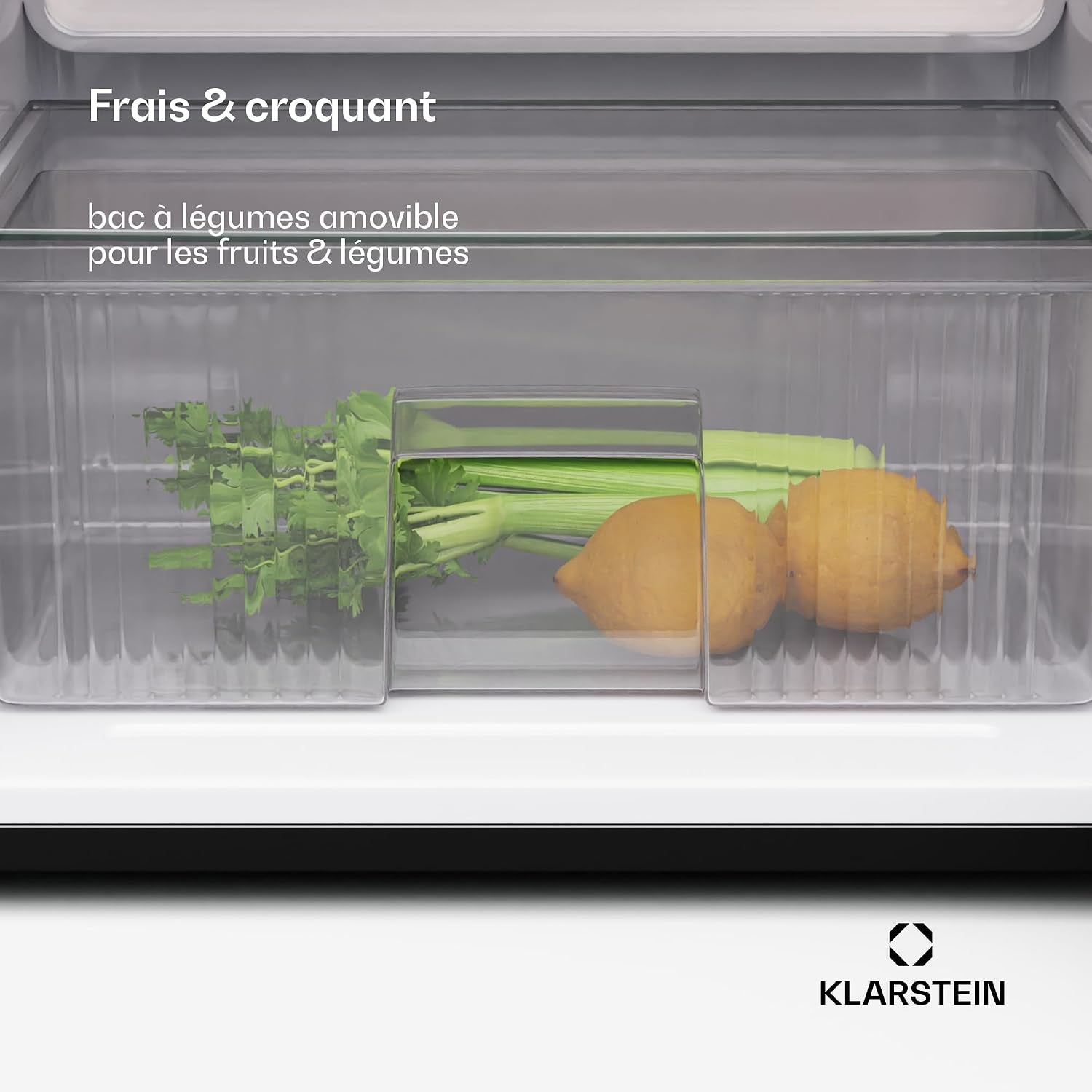 KLARSTEIN Big Daddy Cool - Frigo Réfrigérateur, Réfrigérateur Combiné, Compartiment Bouteilles, Bac Légumes, Eclairage Intérieur, Look Moderne, Nettoyage Facile, Pieds Réglables, 86 L - Argent