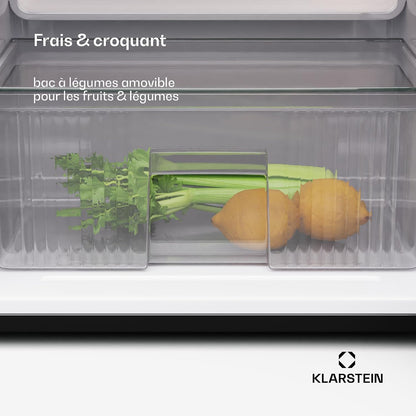 KLARSTEIN Big Daddy Cool - Frigo Réfrigérateur, Réfrigérateur Combiné, Compartiment Bouteilles, Bac Légumes, Eclairage Intérieur, Look Moderne, Nettoyage Facile, Pieds Réglables, 86 L - Argent