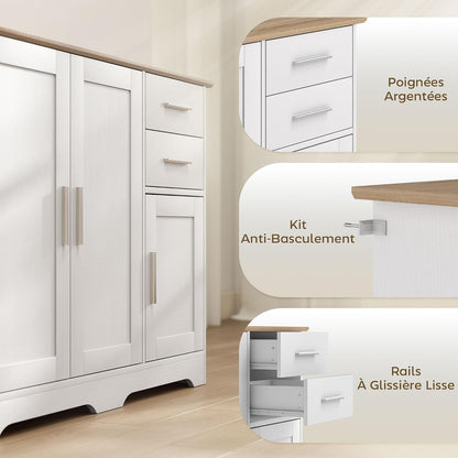 Buffet Salon 2 Tiroirs 3 Portes 100 X 40 X 78 Cm Blanc Bois Naturel | Meuble De Rangement, Étagère Réglable, Style Contemporain, Buffet Salle À Manger Et Cuisine
