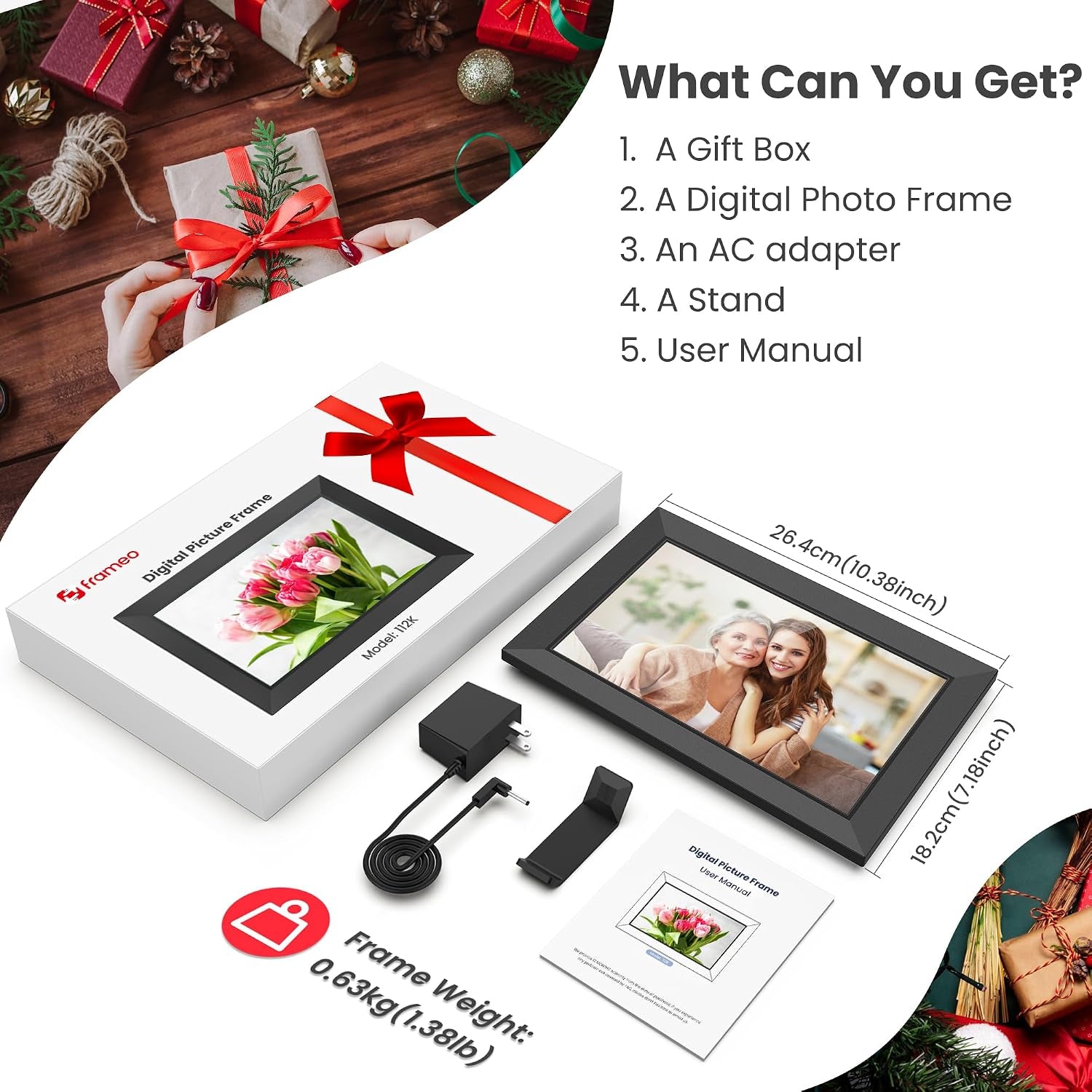 Frameo Cadre Photo Numérique Wifi 10,1 Pouces Avec Mémoire Intégrée De 32 Go, Écran Tactile HD 1280X800 IPS Pour Partager Photos Et Vidéos, Support Multilingue, Rotation Automatique, Montage Mural