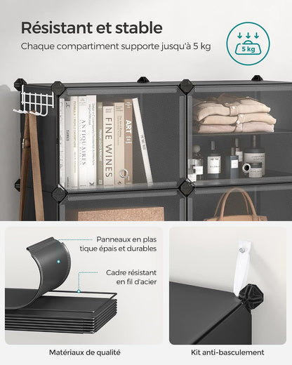 Étagère À Chaussures 10 Compartiments, Étagère De Rangement Modulable, Compartiment De 30 X 40 X 30 Cm, Porte, Cadre En Acier, Plastique, Pour Couloir, Chambre, Entrée, Noir LPC035B01