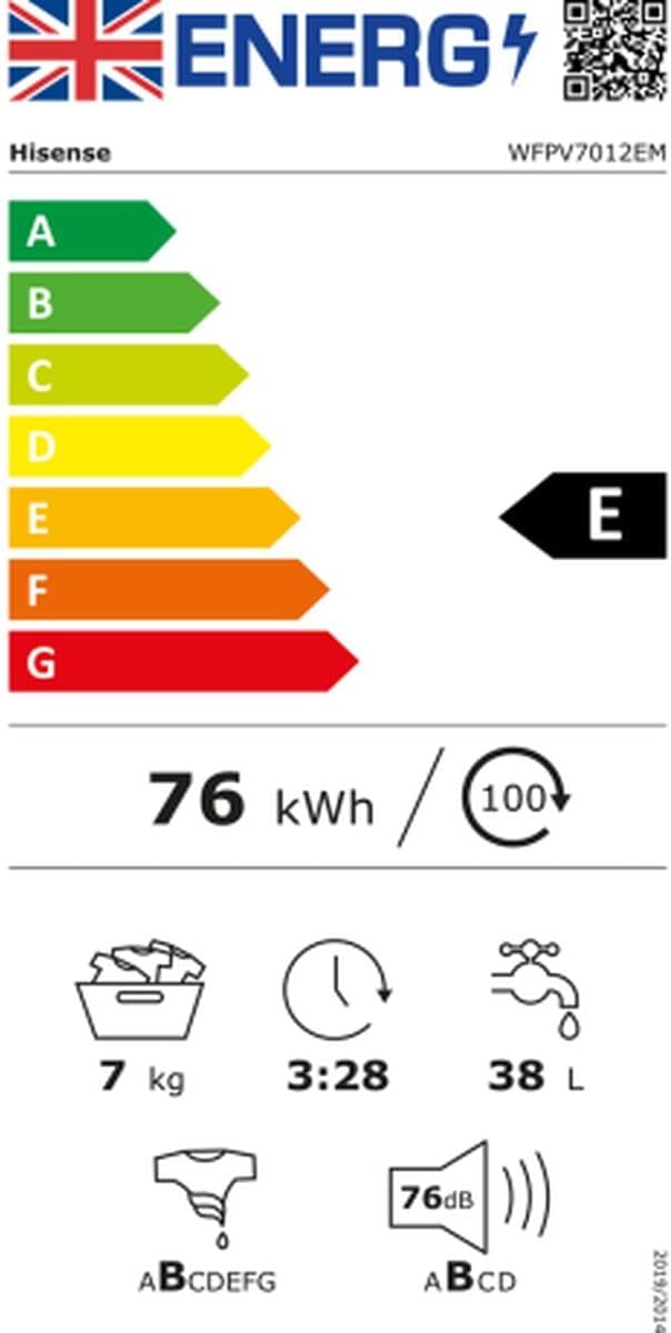 Hisense WFVB7012EM - Lavatrice a Carica Frontale 7 Kg, 1200 Tr/Min, 15 Programmes, Vapore, Affichage LED, Programma Rrapido, Partenza Ritardata, Child Lock01