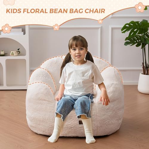 MAXYOYO Kids Bean Bag Chair, Floral Shaped Bean Bag Sofa, Plush Faux Fur Toddler Couch with Petal Backrest for Boys Girls, Stuffed Cozy Sofa for Nursery, Bedroom, Pink