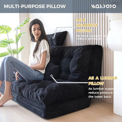 MAXYOYO Bean Bag Bed Tufted Folding Sofa Bed with Pillows, Extra Thick and Long Floor Mattress for Adults, Single Couch Bed for Bedroom Living Room, Beige, 30x91 Inch