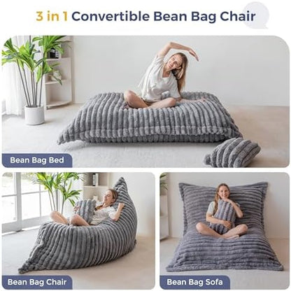 MAXYOYO Giant Bean Bag Chair with Pillow, 3 in 1 Convertible Bean Bag Chair for Adults with Removable Cover, Floor Cushion Stuffed Floor Lounger for Living Room Bedroom, Grey