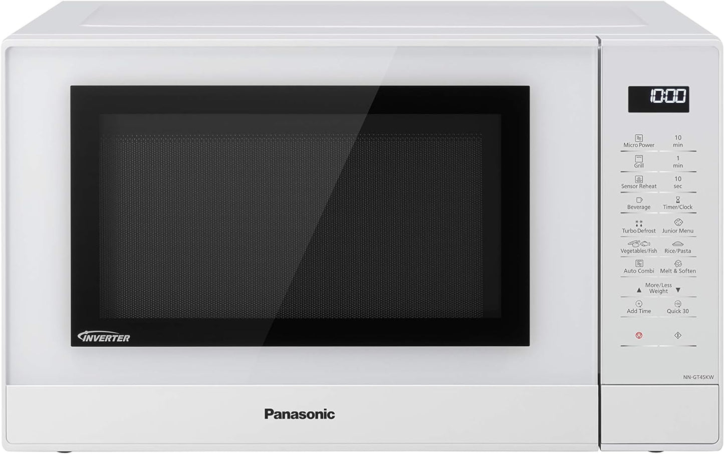 NN-GT45KWSUG Four Micro-Ondes Gril Et Plateau Tournant En Verre, 31L, 1000W, Technologie Inverter, 24 Programmes Auto, Décongélation, 7 Niveaux De Puissance, Minuterie, Affichage LED, Blanc