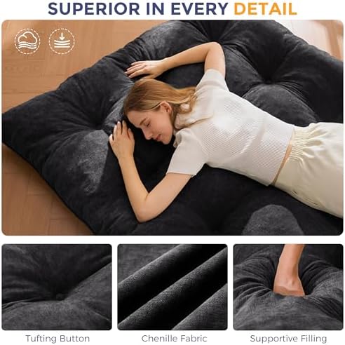 MAXYOYO Japanese Floor Mattress Full Size, 6" Foldable Futon Mattress Tufted Roll Up Floor Bed, Thick Chenille Tatami Mat Sleeping Pad for Camping Guest Room Dormitory Bedroom RV, Navy