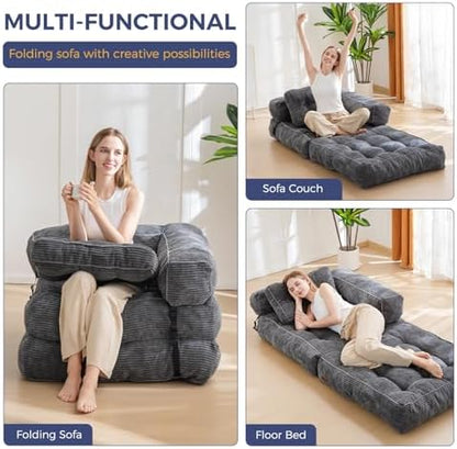 MAXYOYO Folding Sofa Bed, L-Shaped Convertible Sofa Bed with Armrest Foldable Sleeper Sofa with Pillow, Portable Fold Out Chair Bed Comfy Floor Lounge for Living Room Bedroom, Dark Grey