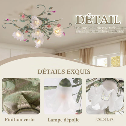 Led Plafonniers De Villa De Campagne,Lustre Avec Abat-Jour En Verre Et Conception De Fleurs Fleurs,Vintage Suspension Luminaire, Pour Chambre À Coucher Salon Chambre À Coucher Restaurant Couloir