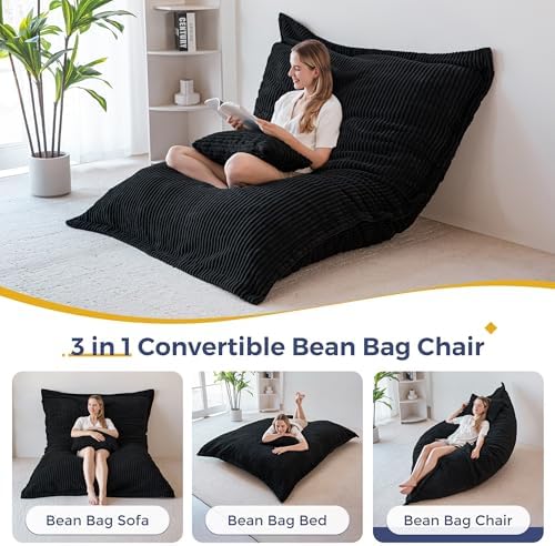 MAXYOYO Giant Bean Bag Chair with Pillow, 3 in 1 Convertible Bean Bag Chair for Adults with Removable Cover, Floor Cushion Stuffed Floor Lounger for Living Room Bedroom, Grey