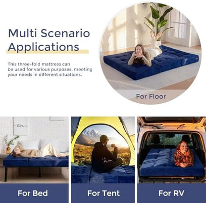 MAXYOYO Tri-Fold Mattress, 6 Inch Tufted Folding Mattress Full Foam Bed, Foldable Floor Couch Guest Bed Topper Portable Camping Sleeper with Corded Fabric, Dark Grey, 53"x75"
