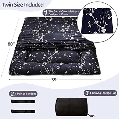MAXYOYO Japanese Futon Mattress Floor Mattress Sleeping Pad Foldable Bed Roll Up Camping Cushion Floor Lounger Bed Couches and Sofas Couch Topper, Black Floral, Full Size