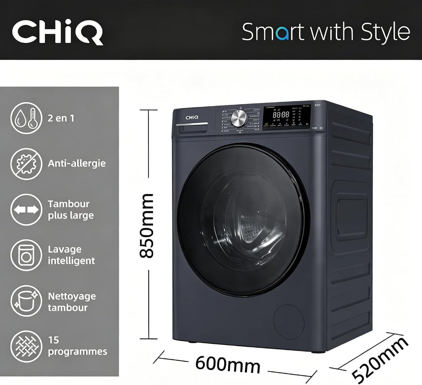 8/5Kg Lave-Linge Séchant Avec Classe A/D Pour Petit Foyer Gris | Lavage Vapeur, Programme Literie, Baby Care, Doudoune, Moteur Inverter, 1400 T/Min, 520Mm, 76Db, CW85862HX