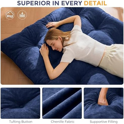 MAXYOYO Japanese Floor Mattress Full Size, 6" Foldable Futon Mattress Tufted Roll Up Floor Bed, Thick Chenille Tatami Mat Sleeping Pad for Camping Guest Room Dormitory Bedroom RV, Navy