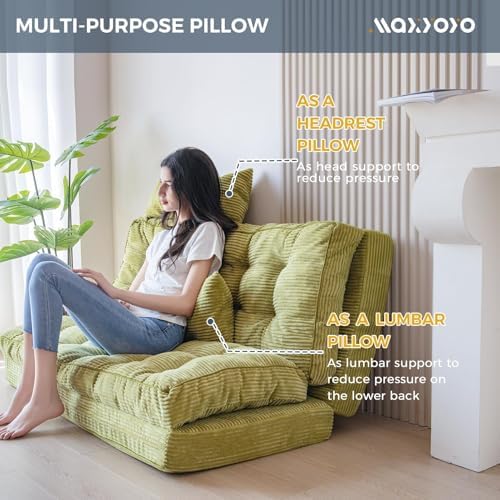 MAXYOYO Bean Bag Bed Tufted Folding Sofa Bed with Pillows, Extra Thick and Long Floor Mattress for Adults, Single Couch Bed for Bedroom Living Room, Beige, 30x91 Inch