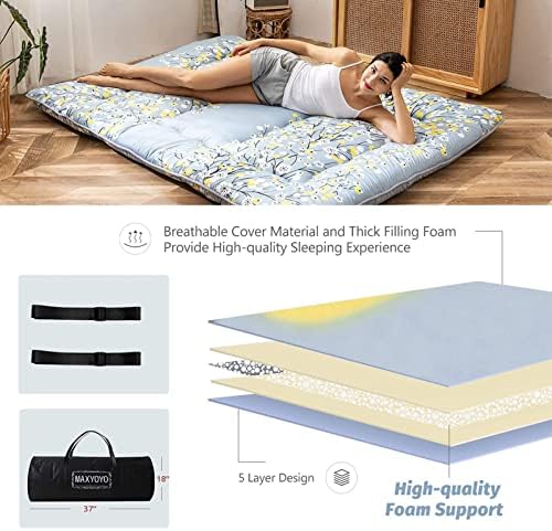 MAXYOYO Japanese Futon Mattress Floor Mattress Sleeping Pad Foldable Bed Roll Up Camping Cushion Floor Lounger Bed Couches and Sofas Couch Topper, Black Floral, Full Size