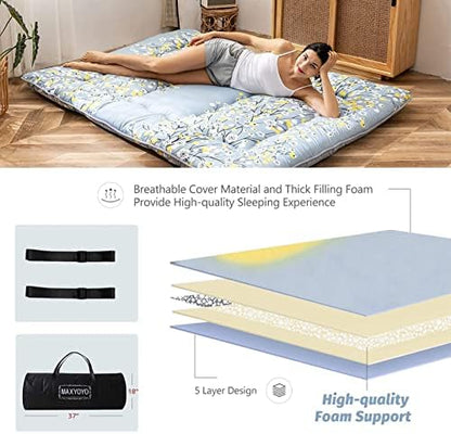 MAXYOYO Japanese Futon Mattress Floor Mattress Sleeping Pad Foldable Bed Roll Up Camping Cushion Floor Lounger Bed Couches and Sofas Couch Topper, Black Floral, Full Size