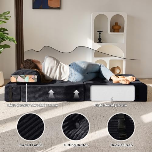 MAXYOYO Folding Sofa Bed, Convertible Sofa Bed with High-Density Support Foam, Portable 4 in 1 Fold Out Chair to Floor Lounger, Versatile Floor Couch for Living Room Bedroom, Dark Grey