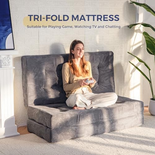 MAXYOYO Tri-Fold Mattress, 6 Inch Tufted Folding Mattress Full Foam Bed, Foldable Floor Couch Guest Bed Topper Portable Camping Sleeper with Corded Fabric, Dark Grey, 53"x75"