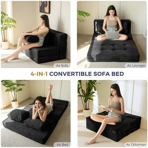 MAXYOYO Convertible Sofa Bed, Fold Out Loveseat Sleeper Sofa with Pillow, 4 in 1 Tufted Folding Couch Bed Foam Floor Couch, Lazy Chair for Living Room Bedroom Guest Room, Dark Grey