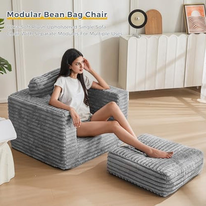 MAXYOYO Giant Bean Bag Chair for Adults, Upholstered Loveseat Floor Sofa with Pillows and Armrests, Large Bean Bag Sofa Plush Chair Bean Bag Couch for Bedroom Living Room, Grey