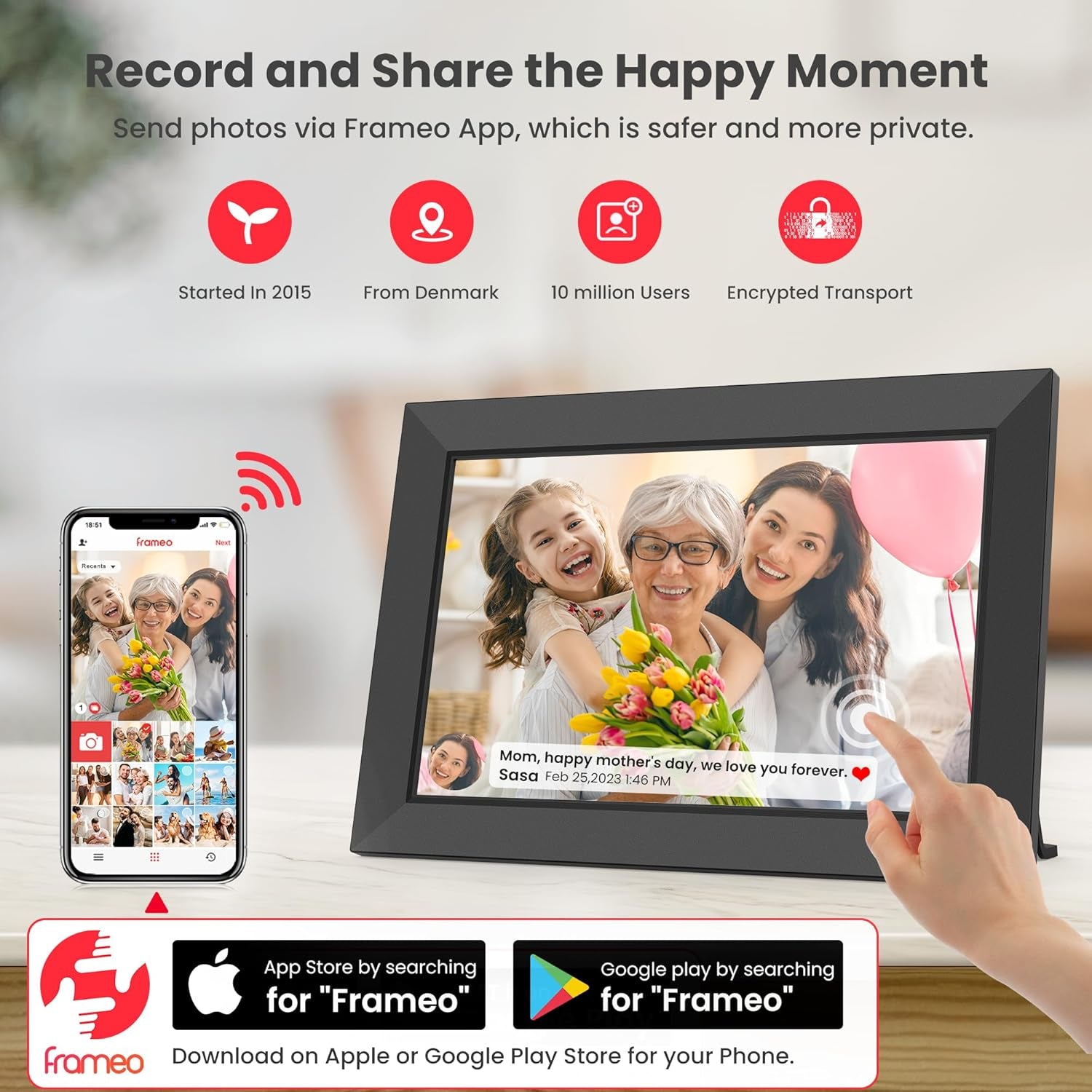 Frameo Cadre Photo Numérique Wifi 10,1 Pouces Avec Mémoire Intégrée De 32 Go, Écran Tactile HD 1280X800 IPS Pour Partager Photos Et Vidéos, Support Multilingue, Rotation Automatique, Montage Mural