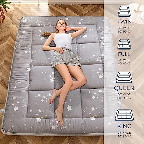 MAXYOYO Black Moon and Star Futon Mattress, Japanese Floor Mattress Quilted Bed Mattress Topper, Extra Thick Folding Sleeping Pad Breathable Floor Lounger Guest Bed for Camping Couch, Twin