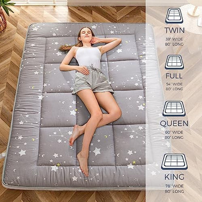 MAXYOYO Black Moon and Star Futon Mattress, Japanese Floor Mattress Quilted Bed Mattress Topper, Extra Thick Folding Sleeping Pad Breathable Floor Lounger Guest Bed for Camping Couch, Twin