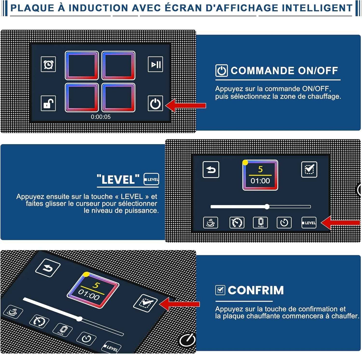 Plaque À Induction 4 Feux, Écran Tactile TFT, Table De Cuisson À Induction Encastrable 60CM, 2 Zones Flexibles, Fonctions Préréglées, Panneau De Commande Intelligent Monobloc, 7200W, 220V