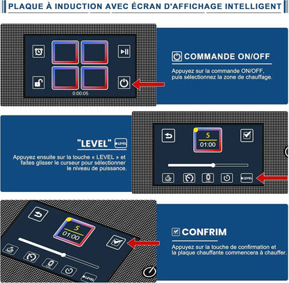 Plaque À Induction 4 Feux, Écran Tactile TFT, Table De Cuisson À Induction Encastrable 60CM, 2 Zones Flexibles, Fonctions Préréglées, Panneau De Commande Intelligent Monobloc, 7200W, 220V