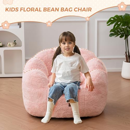 MAXYOYO Kids Bean Bag Chair, Floral Shaped Bean Bag Sofa, Plush Faux Fur Toddler Couch with Petal Backrest for Boys Girls, Stuffed Cozy Sofa for Nursery, Bedroom, Pink