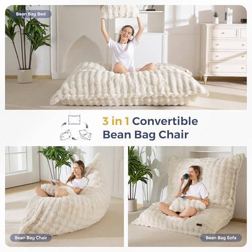 MAXYOYO Giant Bean Bag Chair with Pillow, 3 in 1 Convertible Bean Bag Chair for Adults with Removable Cover, Floor Cushion Stuffed Floor Lounger for Living Room Bedroom, Grey