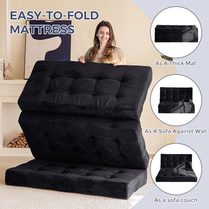 MAXYOYO Tri-Fold Mattress, 6 Inch Tufted Folding Mattress Full Foam Bed, Foldable Floor Couch Guest Bed Topper Portable Camping Sleeper with Corded Fabric, Dark Grey, 53"x75"