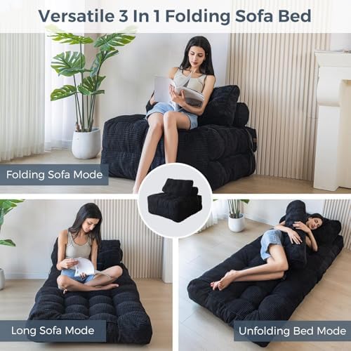 MAXYOYO Folding Sofa Bed, Convertible Sleeper Chair with Pillow Foldable Mattress with Back Support, Portable Fold Out Chair Bed Comfy Floor Sofa Lounge for Living Room Bedroom, Dark Grey, Single