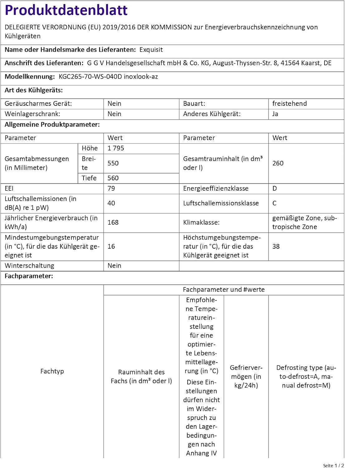 Exquisit Réfrigérateur-Congélateur KGC265-70-WS-040D Inoxlook-Az | Capacité Utile 260 L