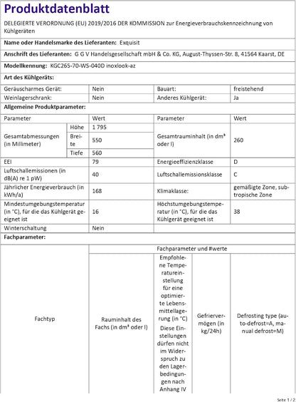Exquisit Réfrigérateur-Congélateur KGC265-70-WS-040D Inoxlook-Az | Capacité Utile 260 L