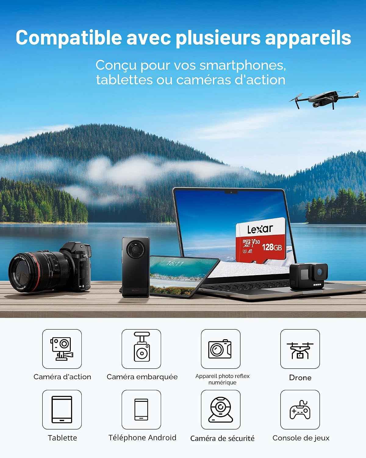 Carte Micro SD 128 Go Lot De 2 Cartes, Jusqu'À 100 Mo/S | Carte Mémoire Micro SD+ Adaptateur, Microsdxc Carte TF, A1, U3, C10, V30, Full HD Et 4K UHD Pour Caméra, Telephone, Switch